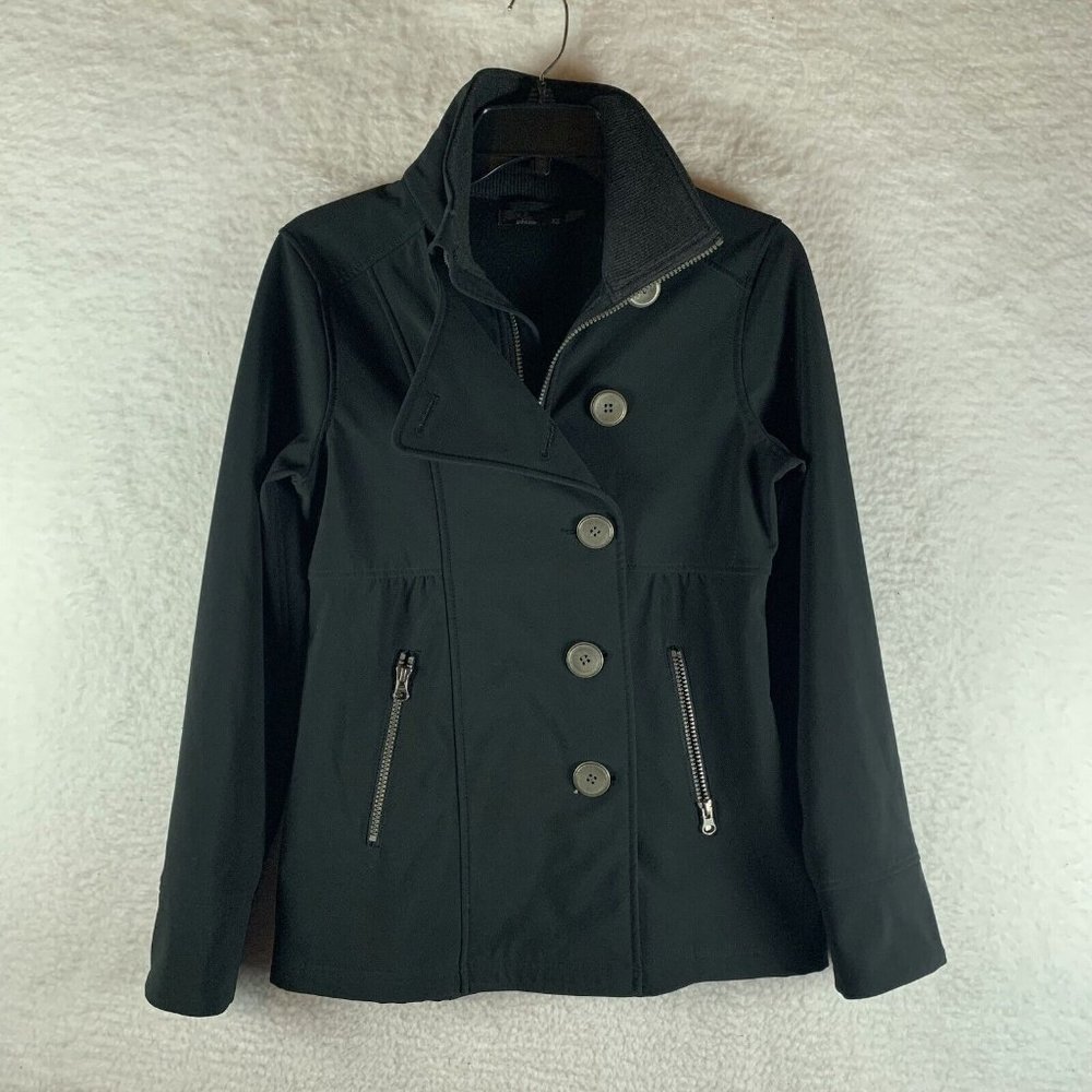 prAna Jacket Womens XS Black Stretch Fleece-Lined Asymmetric Zip Buttons 8110
